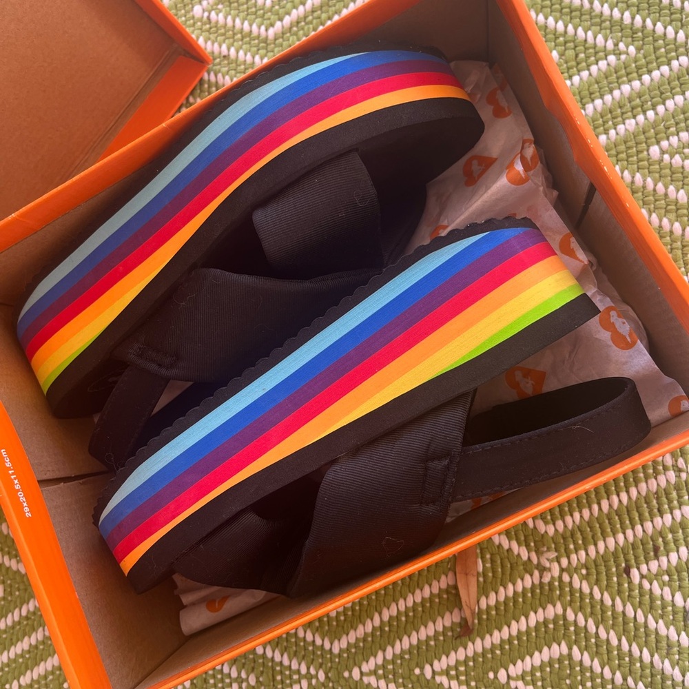 Rocket Dog Black Sandals with Rainbow Stripes